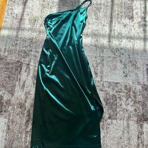 Amazon deep green and Emerald Satin Midi Dresses - Sleeveless V-Neck Styles